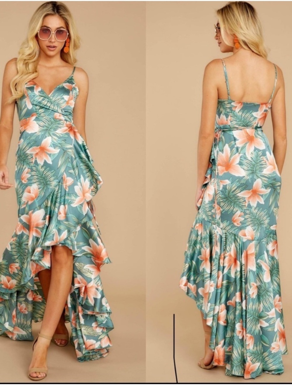 NWT Luxxel Tropical Hi-Lo Ruffle Wrap Mermaid Dress M